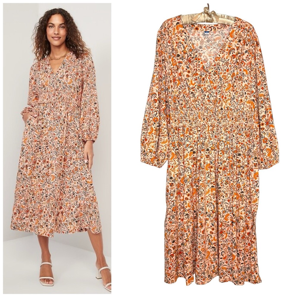 Old Navy Floral Smocked Midi Dress 3X Long Sleeve Boho Cottagecore Pockets